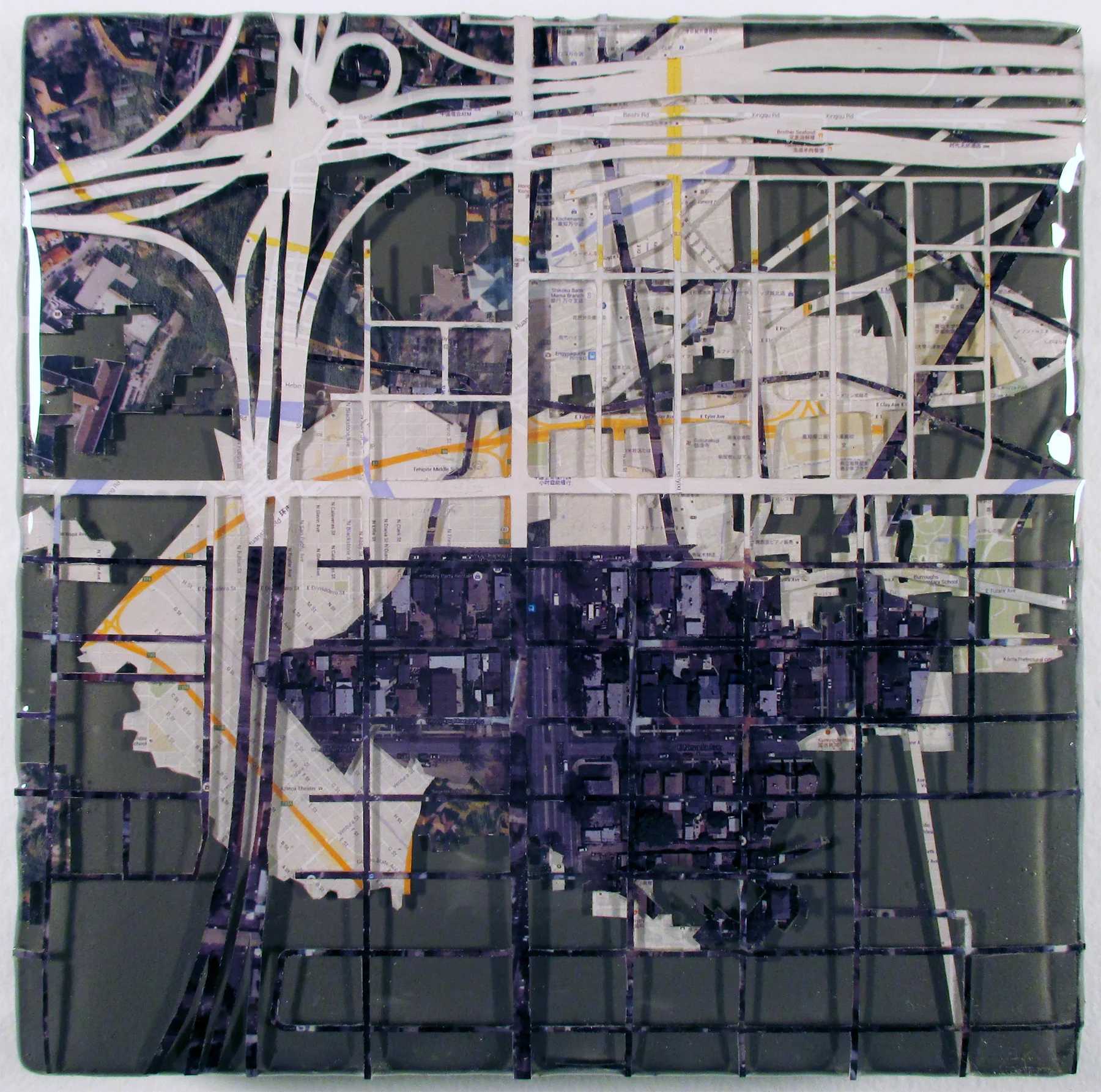 "Sister Cities: Fresno, Afula-Gilboa, Etchmiadzin, Kochi, Taishan, Torreon, Muenster, Djambul, Morogoro" acrylic, digital print, and resin on panel 7.5”x7.5” 2015