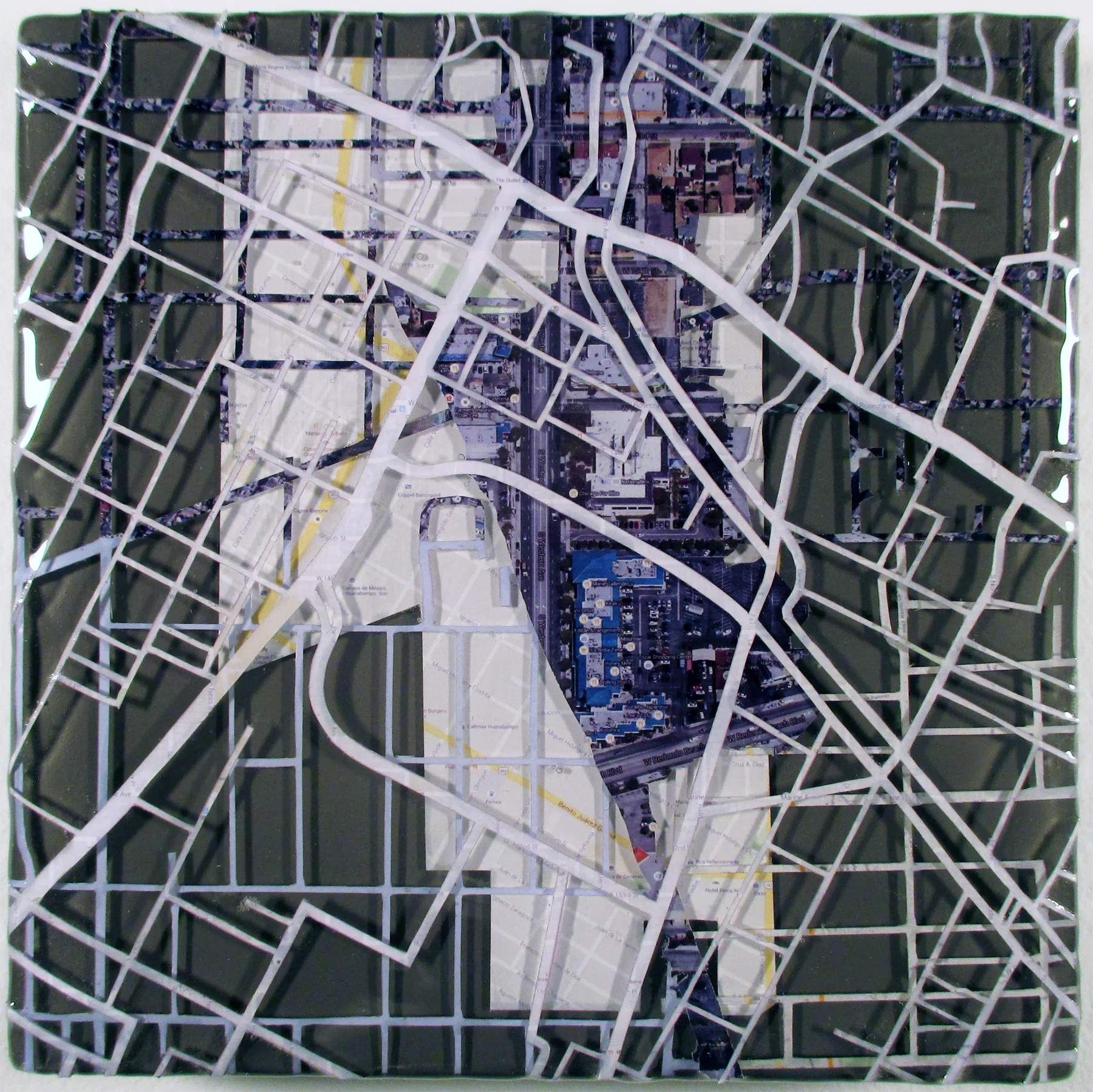 "Sister Cities: Gardena, Huatabampo, Ichikawa, Rosarito Beach" acrylic, digital print, and resin on panel 7.5”x7.5” 2015