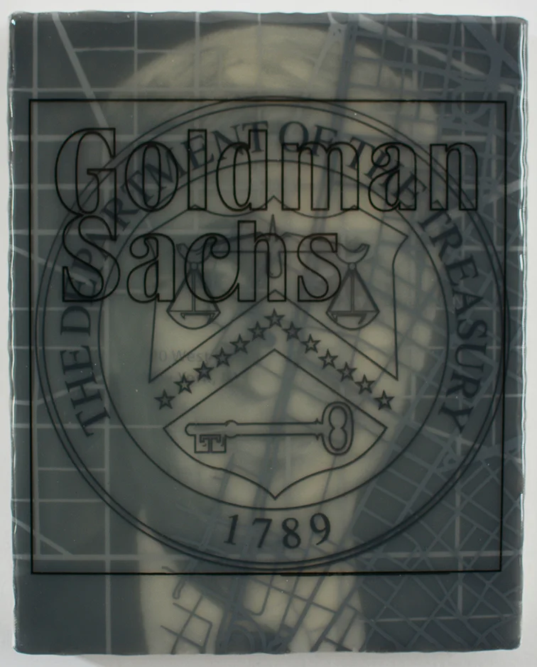 "Goldman States Treasury: Robert Rubin" acrylic, screen print and medium on canvas over panel, 10"x8" 2017