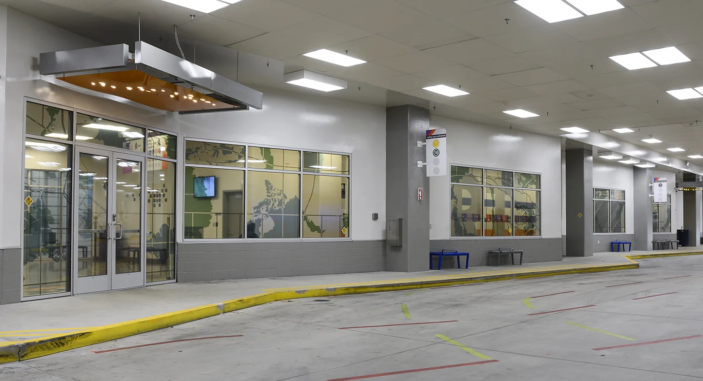 "The Commute: Idaho: Imports & Exports" vinyl on windows, Valley Regional Transit Station, Boise, Idaho, 2018