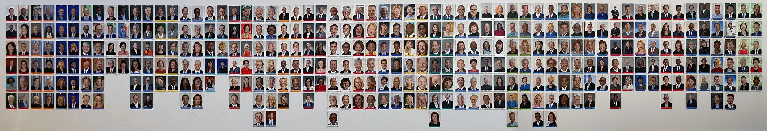 "Meet the Board: the boards of directors of the companies of the Dow Jones Industrial Average" acrylic on paper, 3'x18' 2026