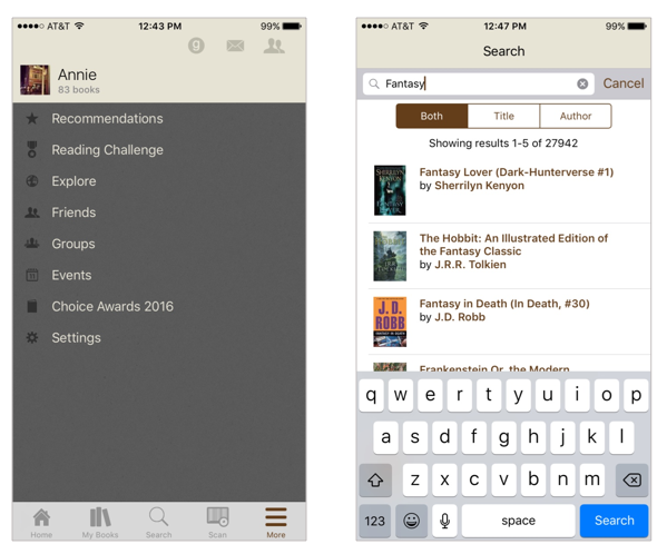 Left: Explore is hidden in the More tab; Right: Searching by “fantasy” only returns books with “fantasy” in the title.