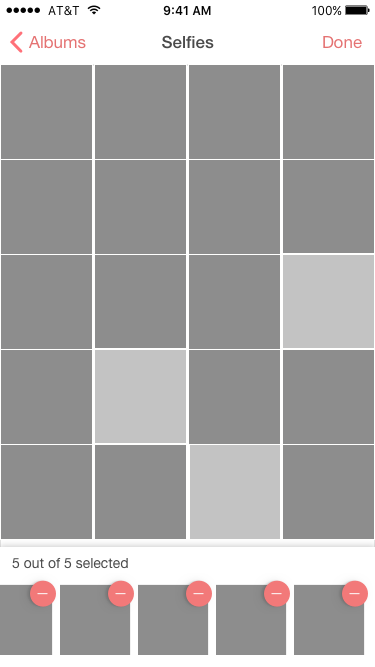 First iteration of photo deselection : Customers could deselect photos by tapping on small red delete icon in the photo shelf at the bottom of the screen