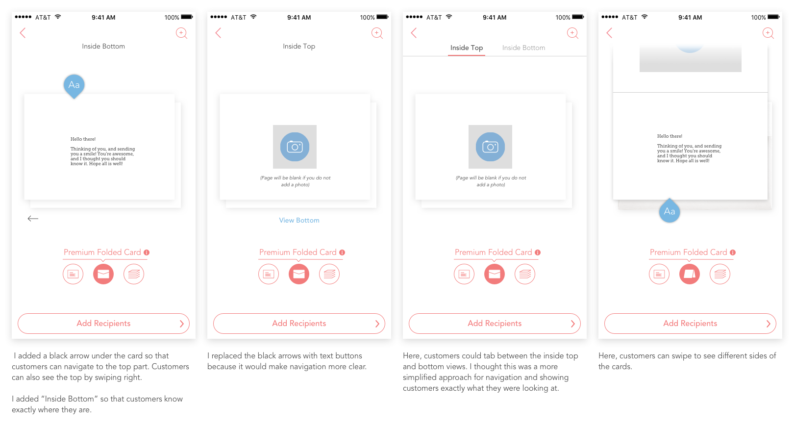 A few explorations I did using the Ink Cards app UI—I only designed the folded card-related elements. All other UI elements were created by other designers.