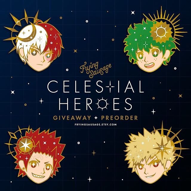 my obsession with space and the stars manifested into enamel pins featuring some very good kids of #myheroacademia ✨ i have a giveaway going on at twitter (same @fryingsausage) and my preorders are available on etsy.⁣
⁣
i based these off of horikoshi