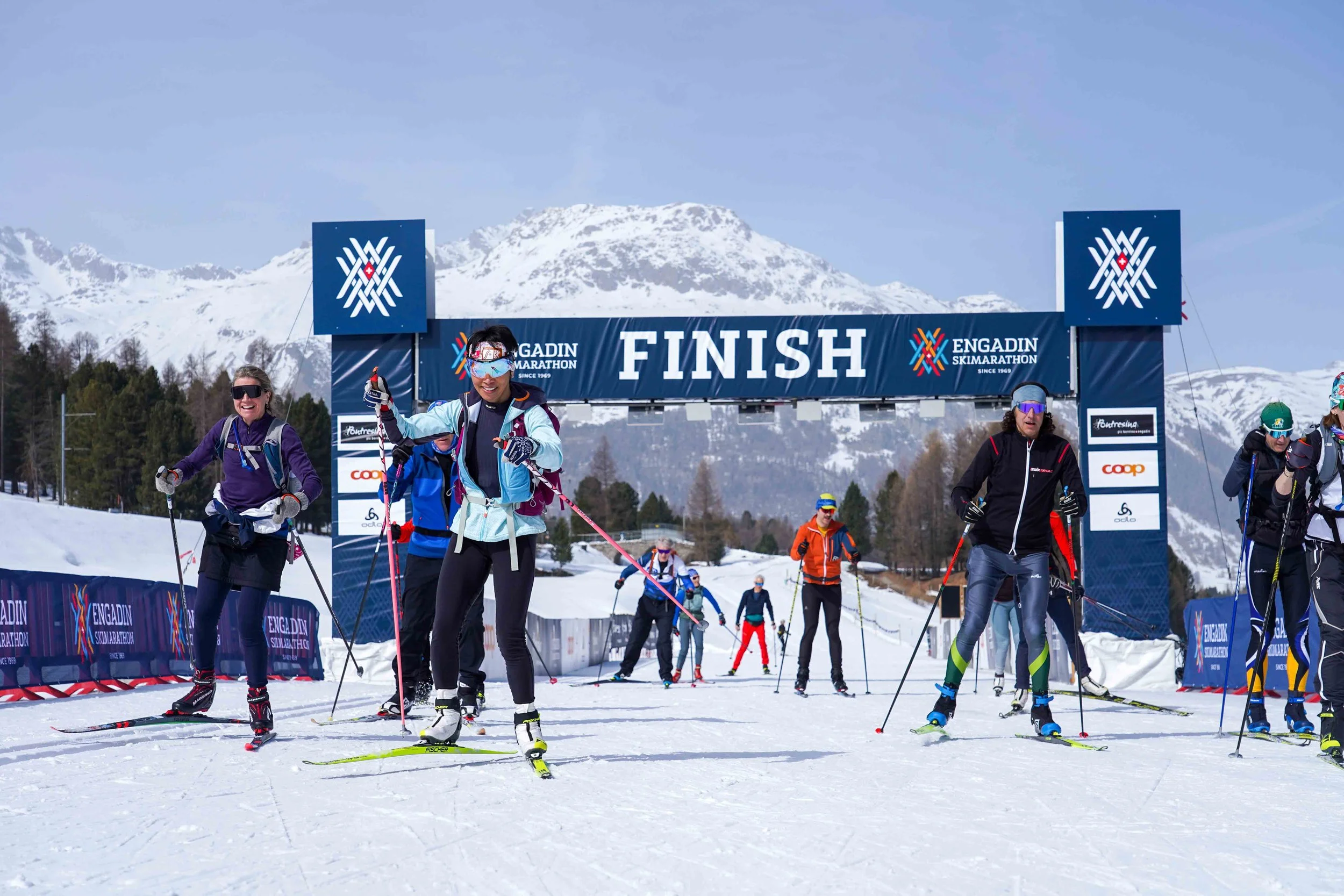 Skiers previewing the trail ahead of the Worldloppet race in Engadin, Switzerland