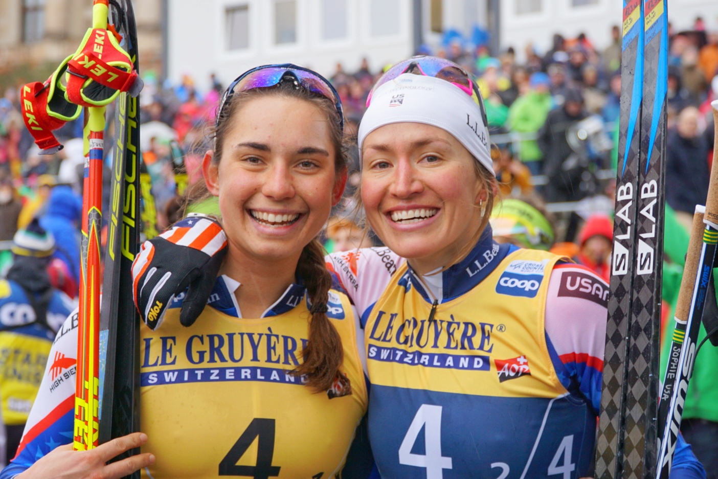 Julia Kern (L) and Sophie Caldwell after finishing fourth place in the team sprint.