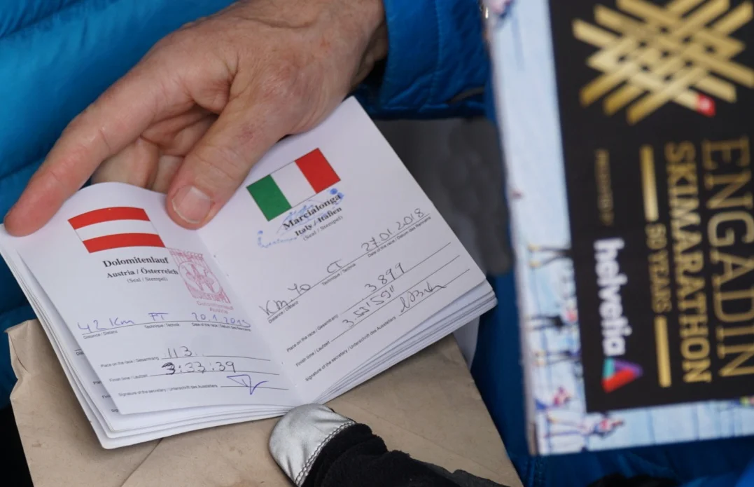 Adding to the collection. Getting a stamp after the Engadin Ski Marathon in Switzerland.