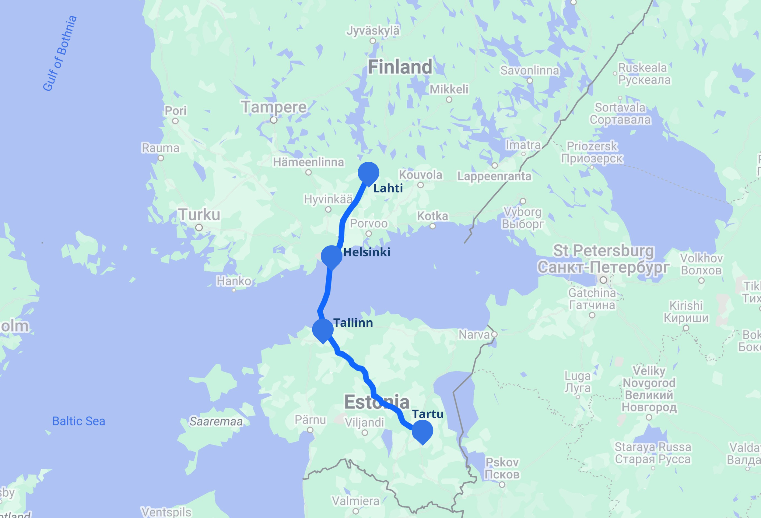 Ground transportation, beginning in Tallinn and ending in Helsinki