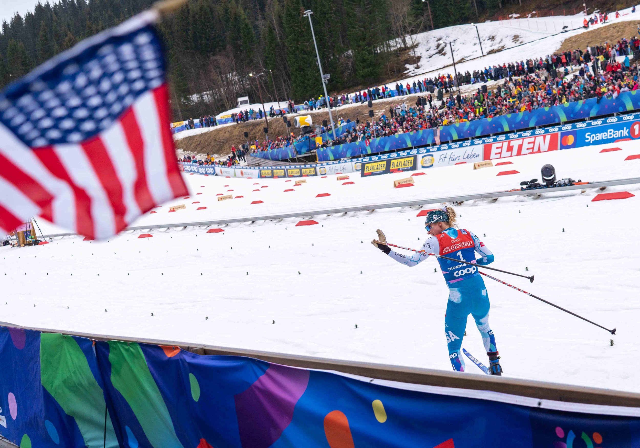 Jessie Diggins waves to Team USA fans at the 2025 Trondheim World Championships.jpg