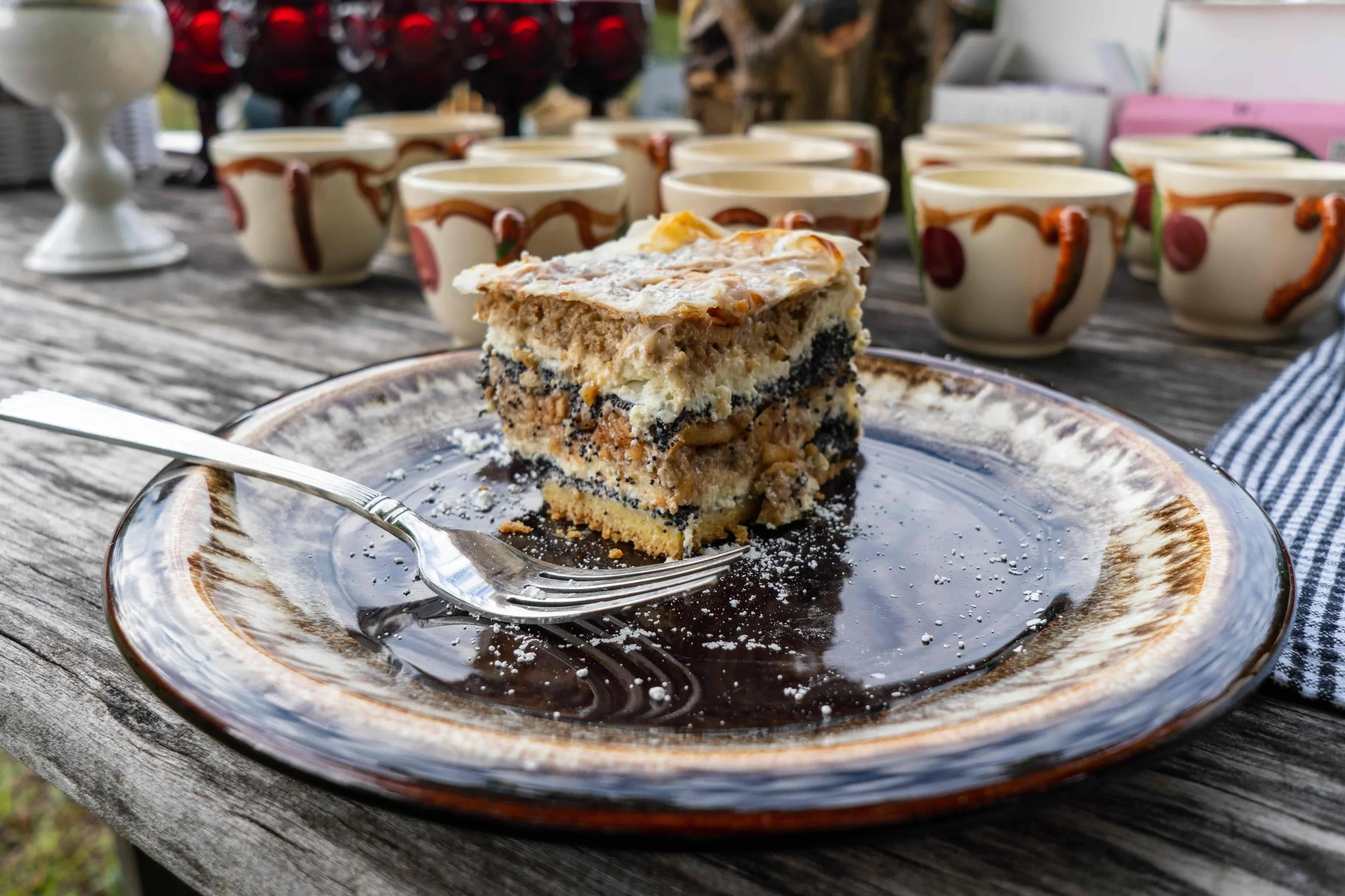 A close-up of the delicious layers in Slovenian Prekmurska Gibanica cake