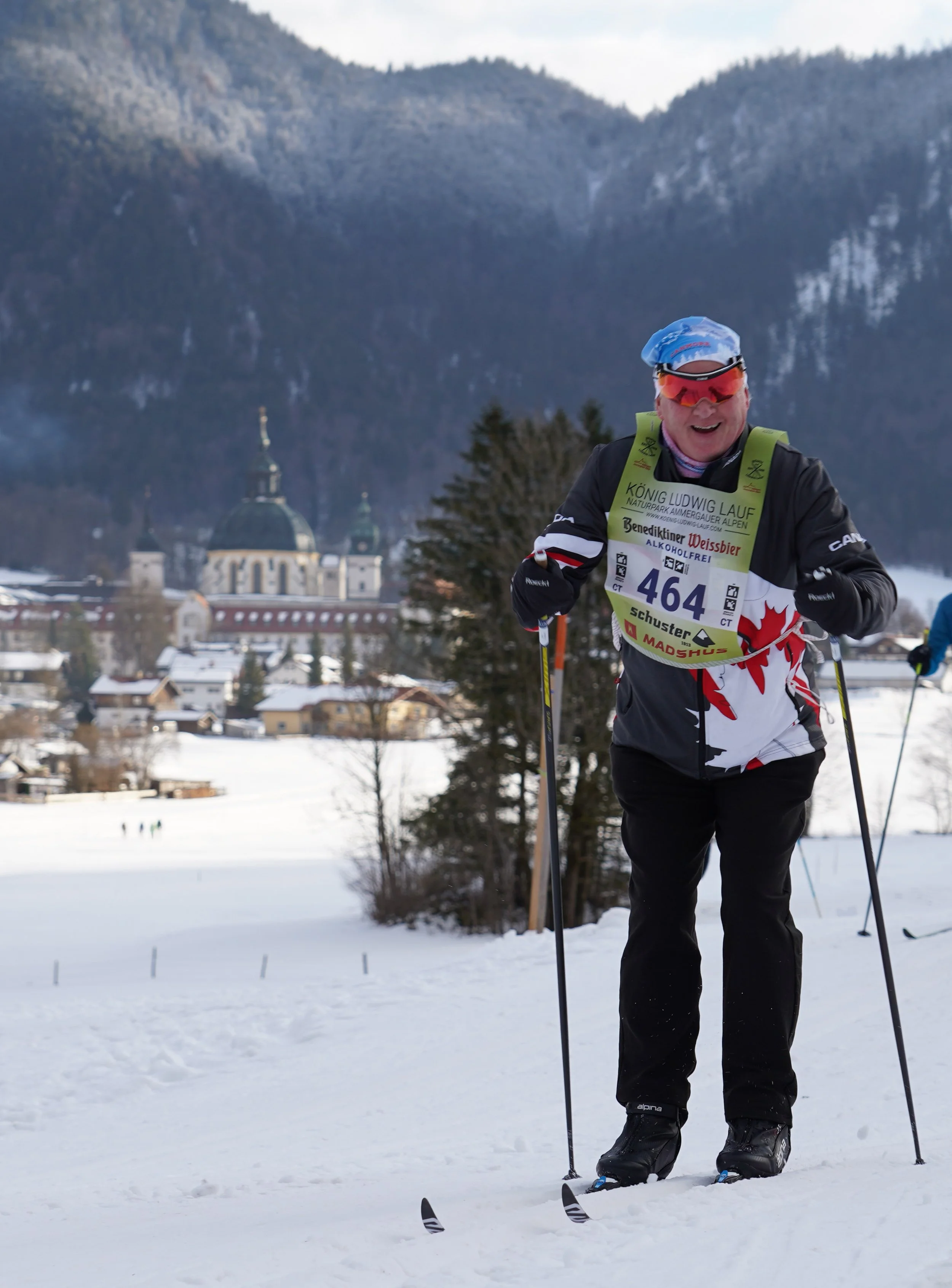 The historic Ettal Abbey towering over the cross-country ski track during the König Ludwig Lauf marathon near Oberammergau