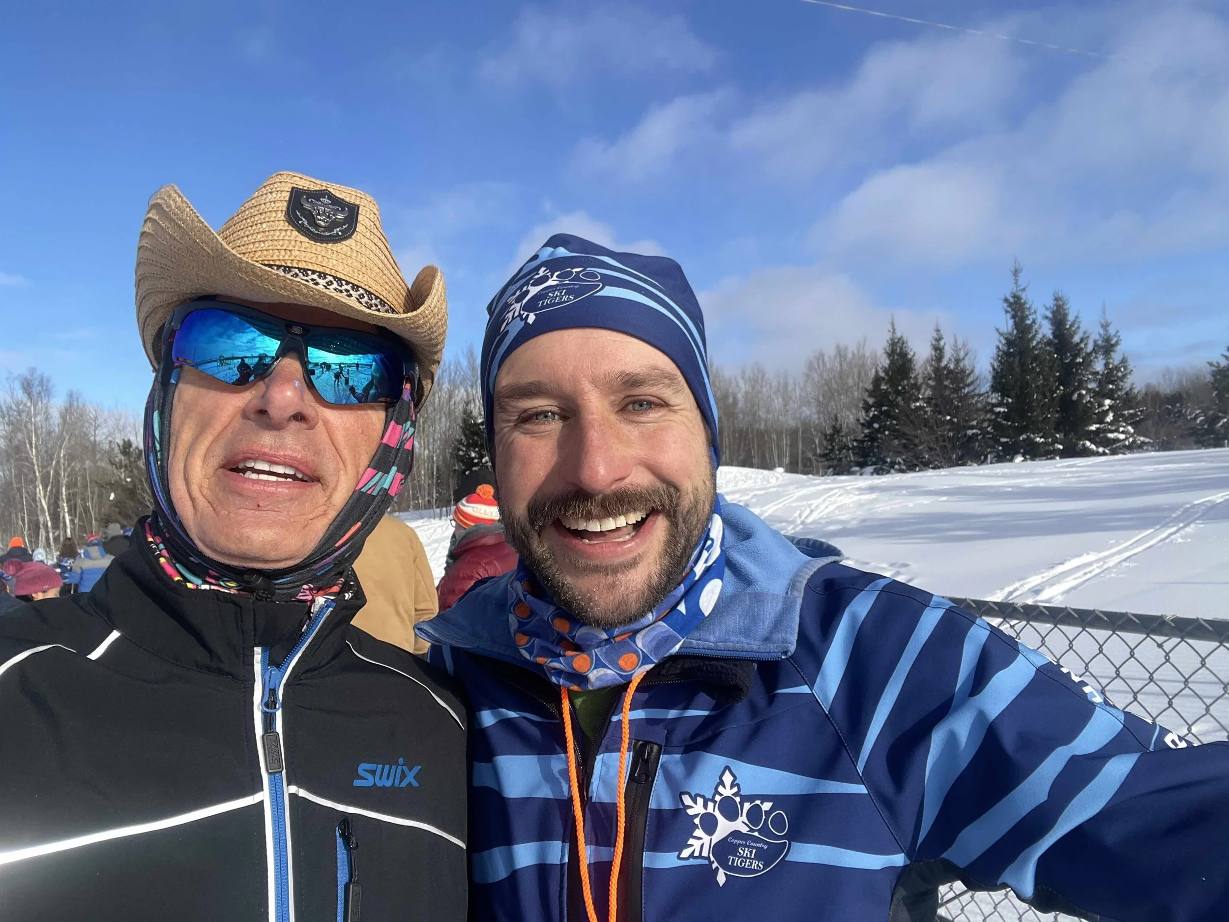 Cowboybob and Chris McKim enjoying a sunny day of cross-country skiing and camaraderie on the groomed trails.
