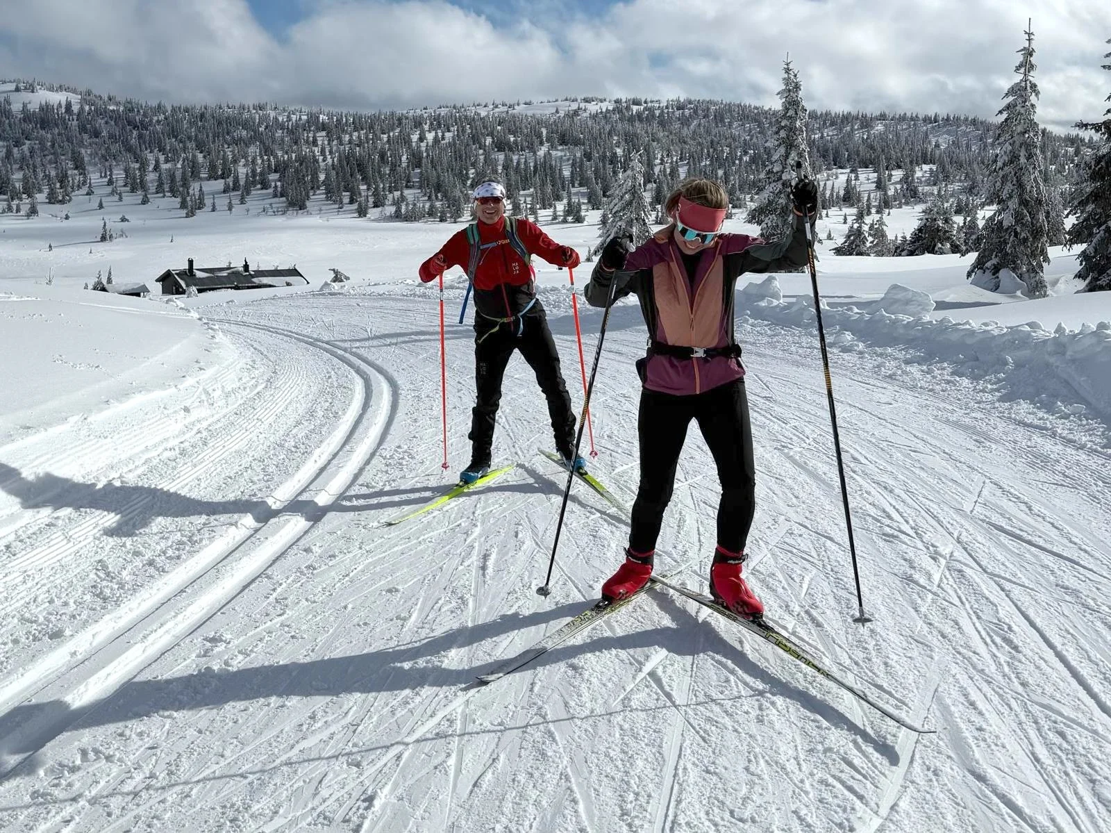 Two Nordic skiers exploring scenic trail networks across Norway's pristine snow-covered mountains on a Lumi Experiences tour