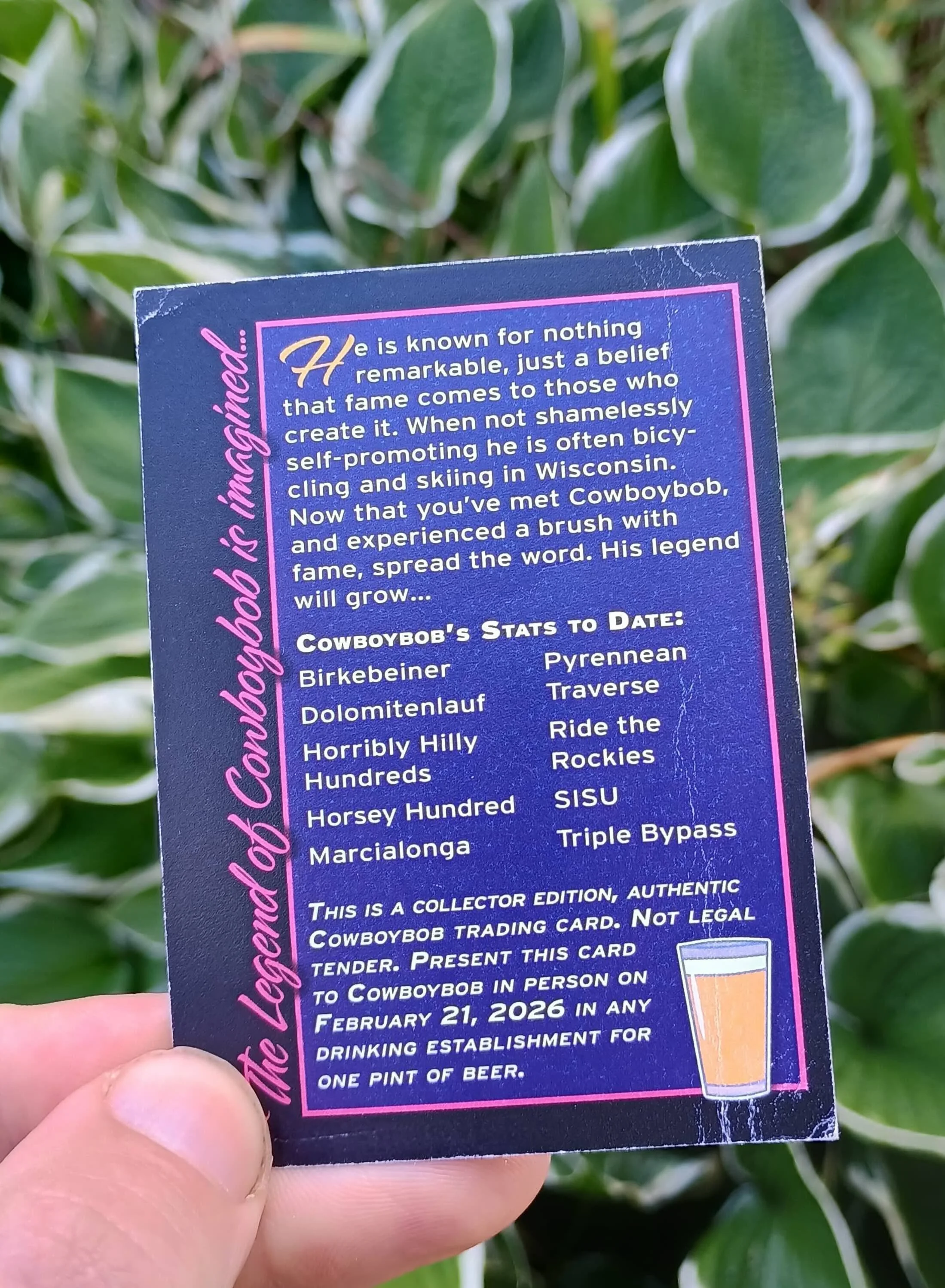 Back of a collectible trading card featuring "Cowboybob"