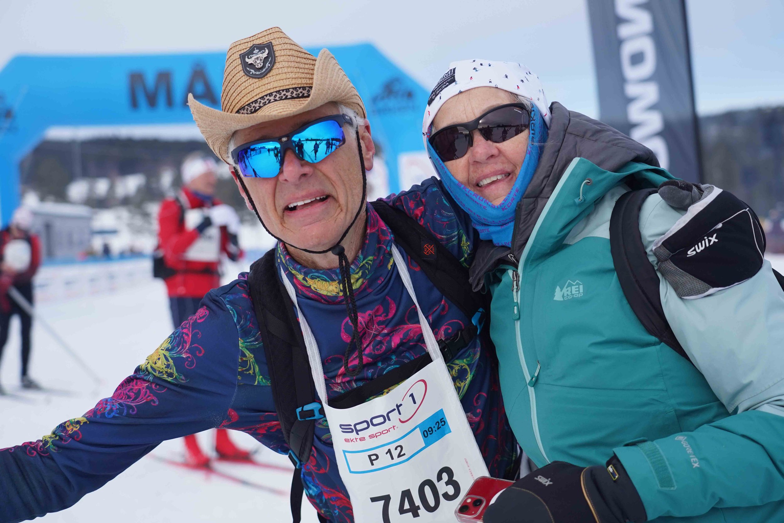 Cowboybob and his wife Kathy celebrating their successful completion of the iconic Birkebeinerrennet Worldloppet ski marathon in Lillehammer, Norway.