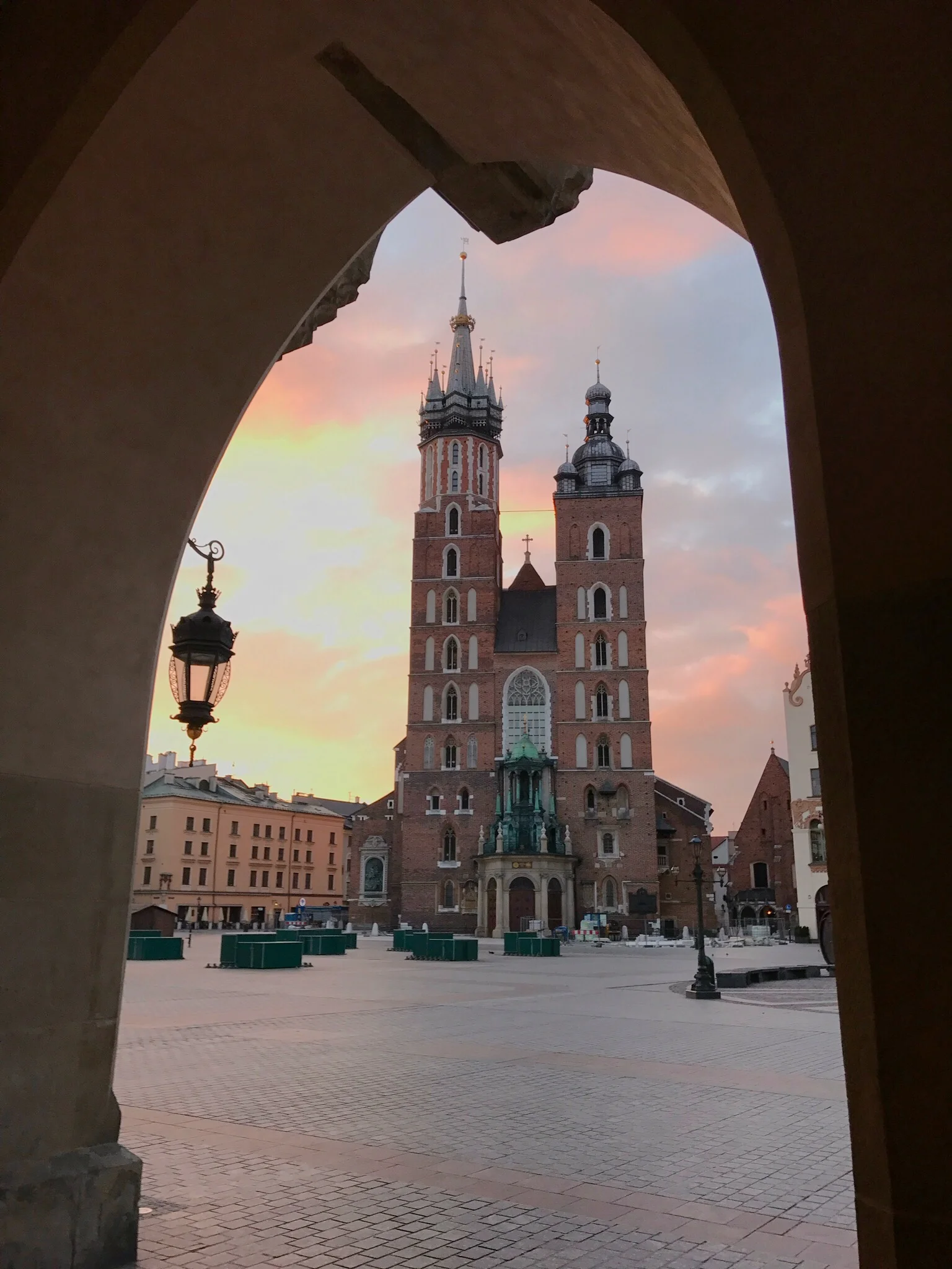 Sunrise behind St. Mary's Church in Krakow, Poland