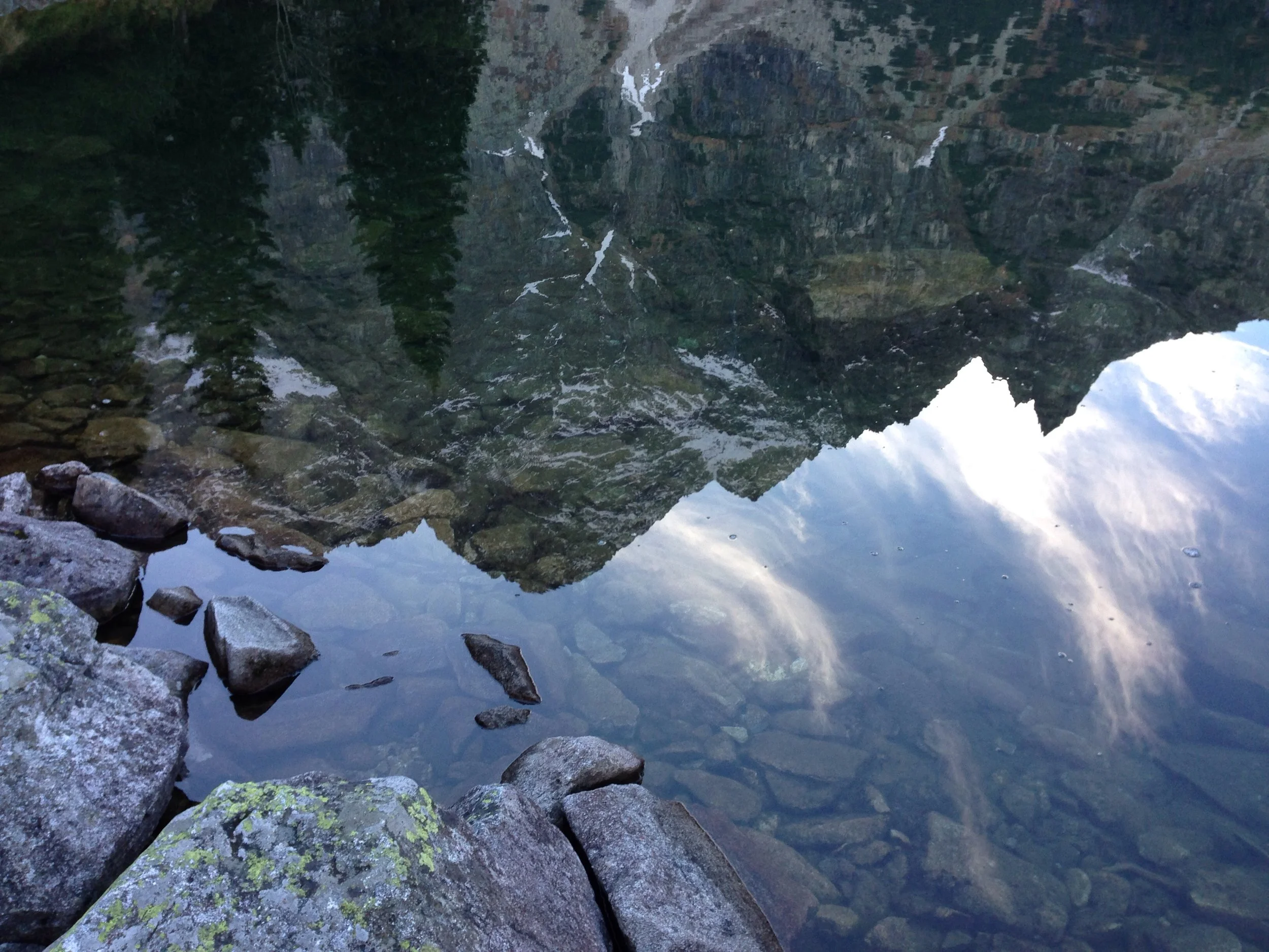 Mountains reflected in Morski Oko, one of the many lakes nestled in the Tatra Mountains 