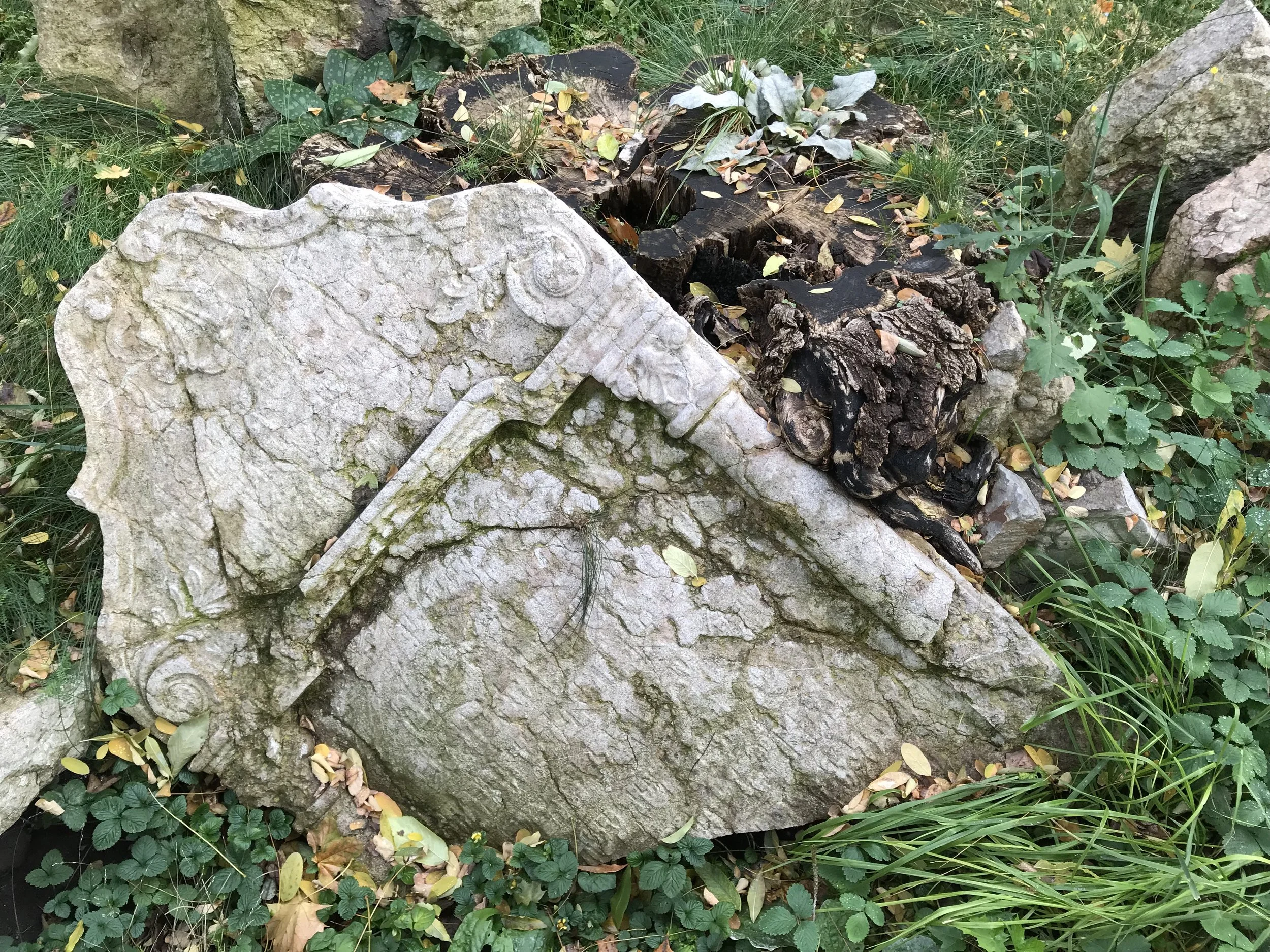 Broken tombstone in the Jewish Cemetery in Prague, Czech Republic