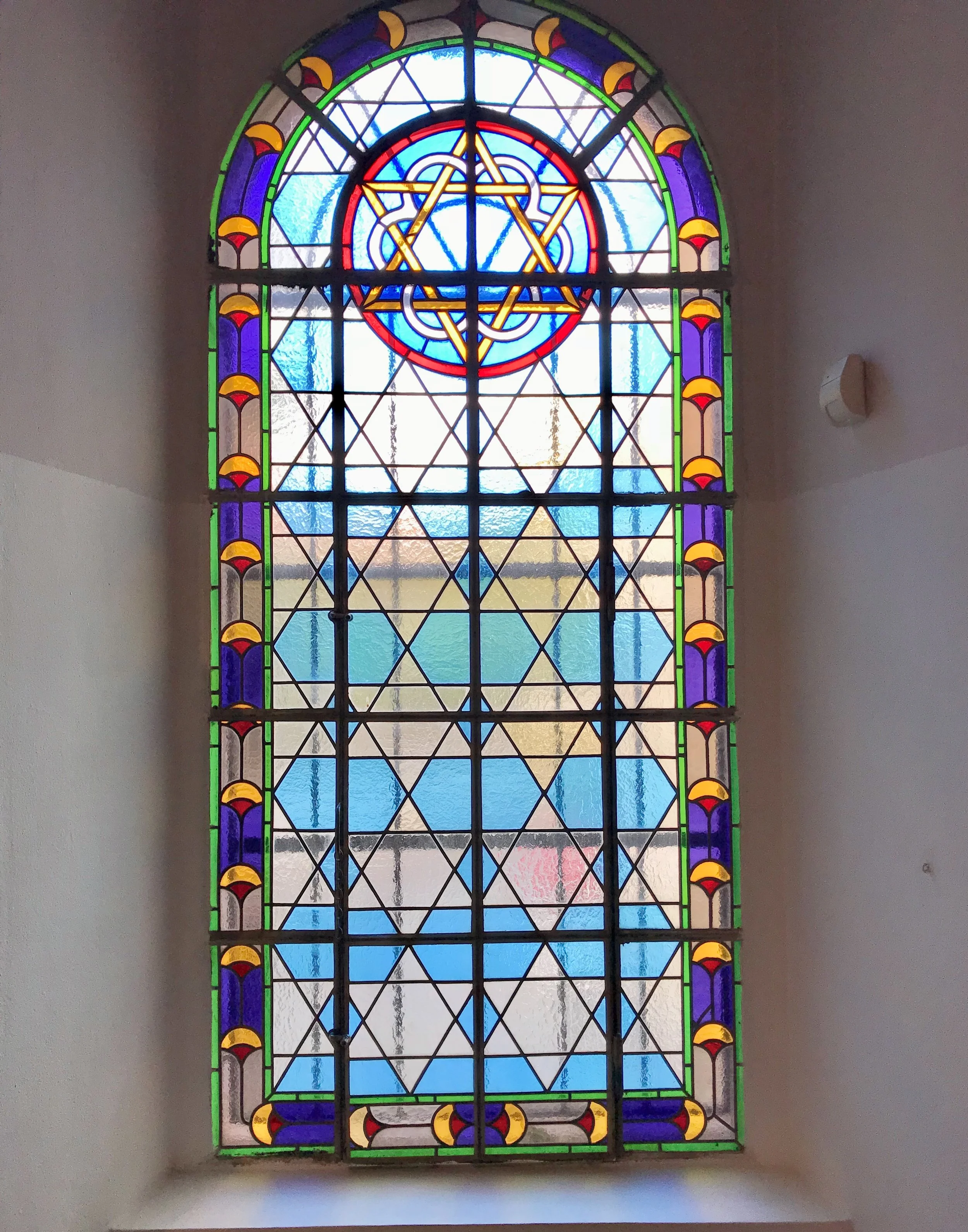 Stained Glass window in Synagogue in Prague, Czech Republic 