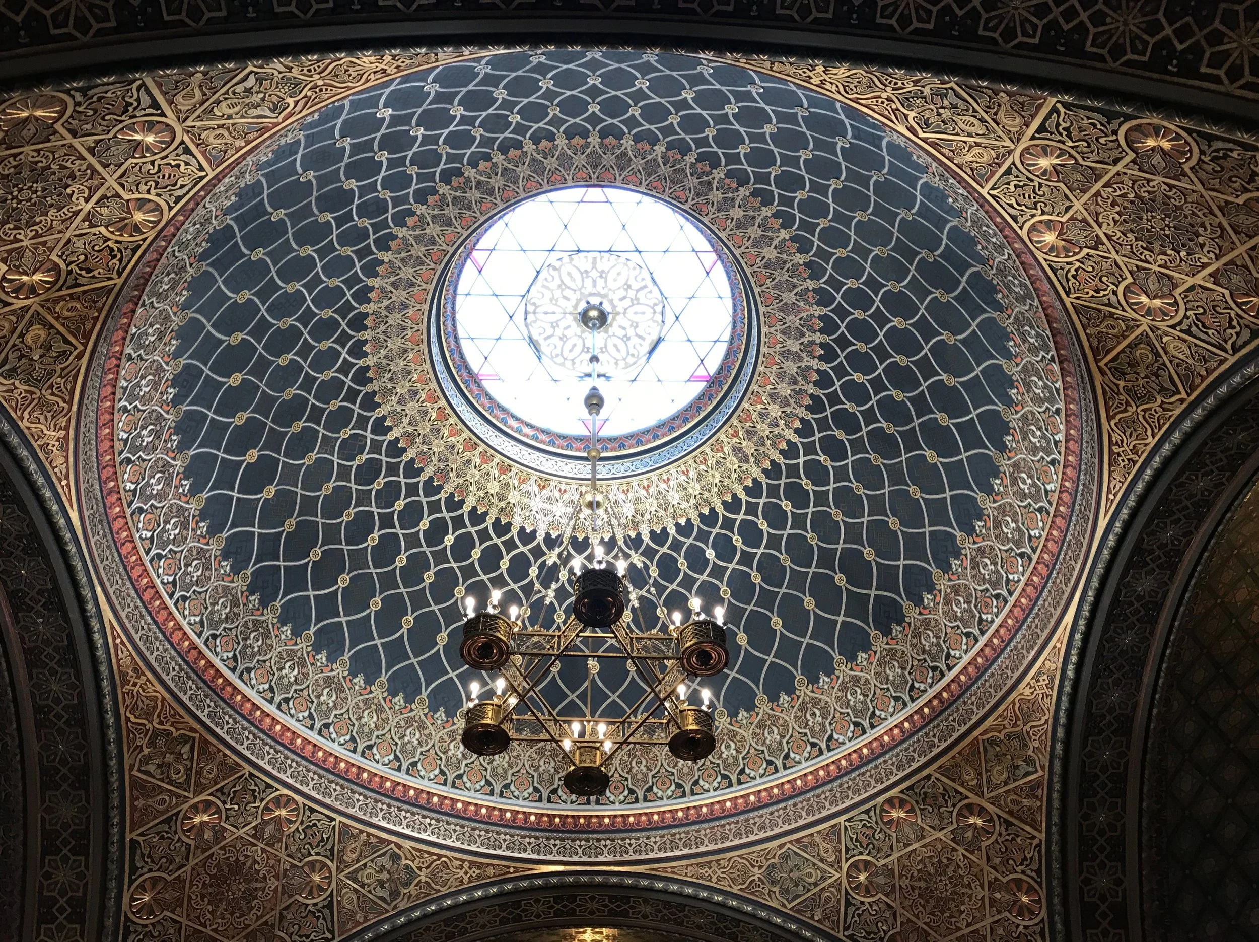 Skylight and chandelier in Synagogue in Prague, Czech Republic 