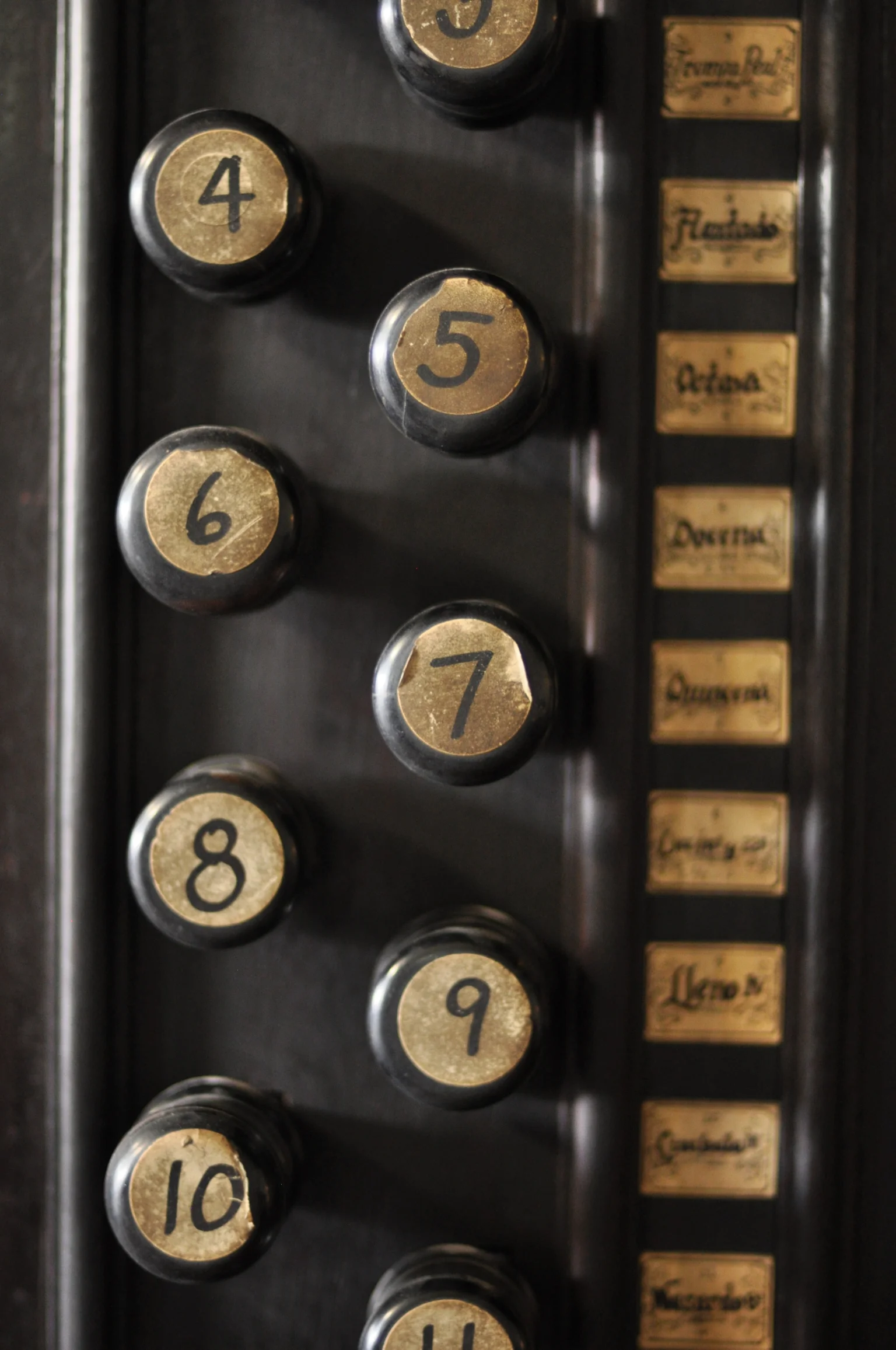 Organ knobs at San Agustin Church, Intramuros, Manila Philippines