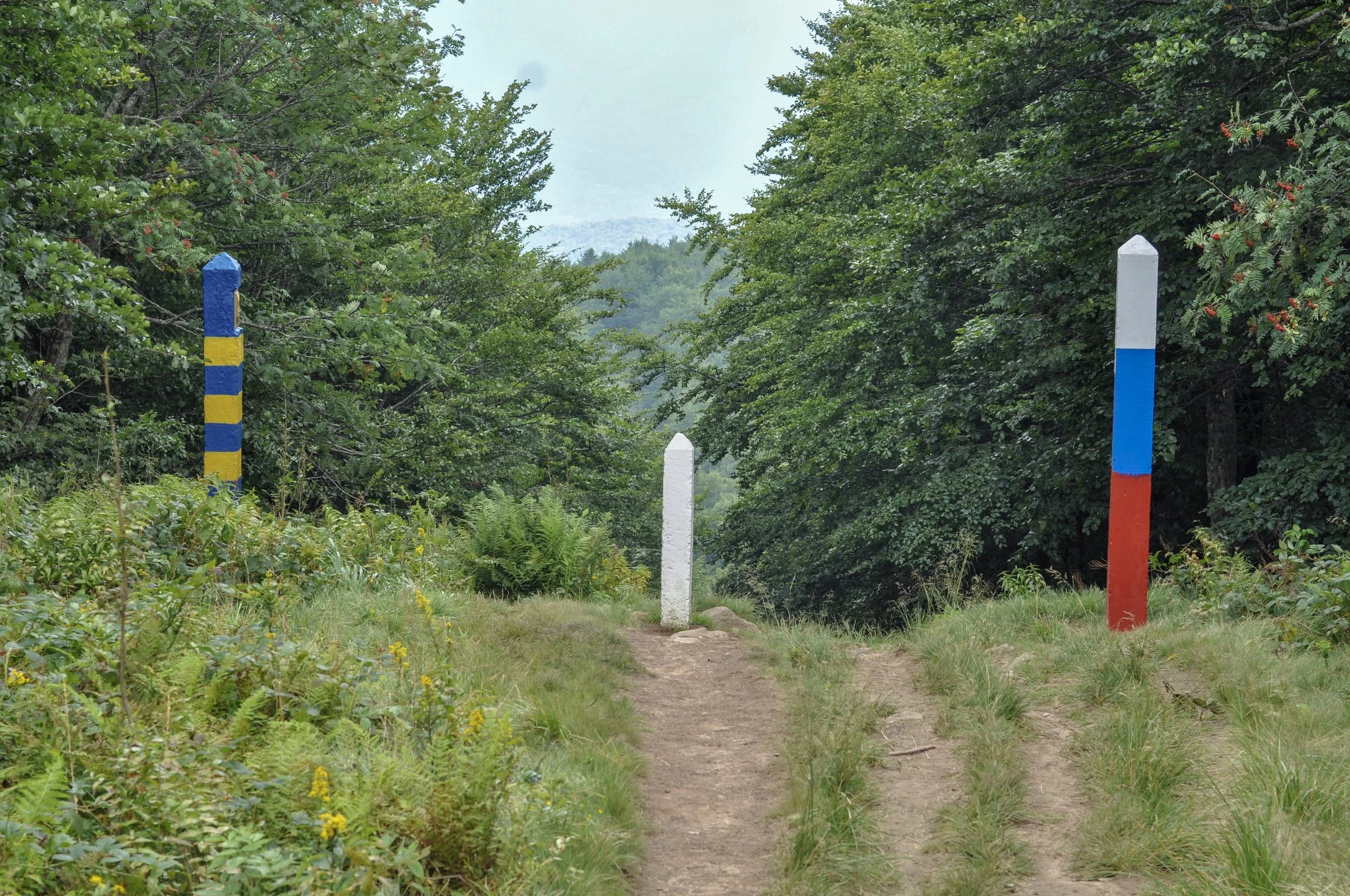 Markers for the Ukrainian and Slovakian borders at the the Tri-Border point in the Bieszcady Mountains