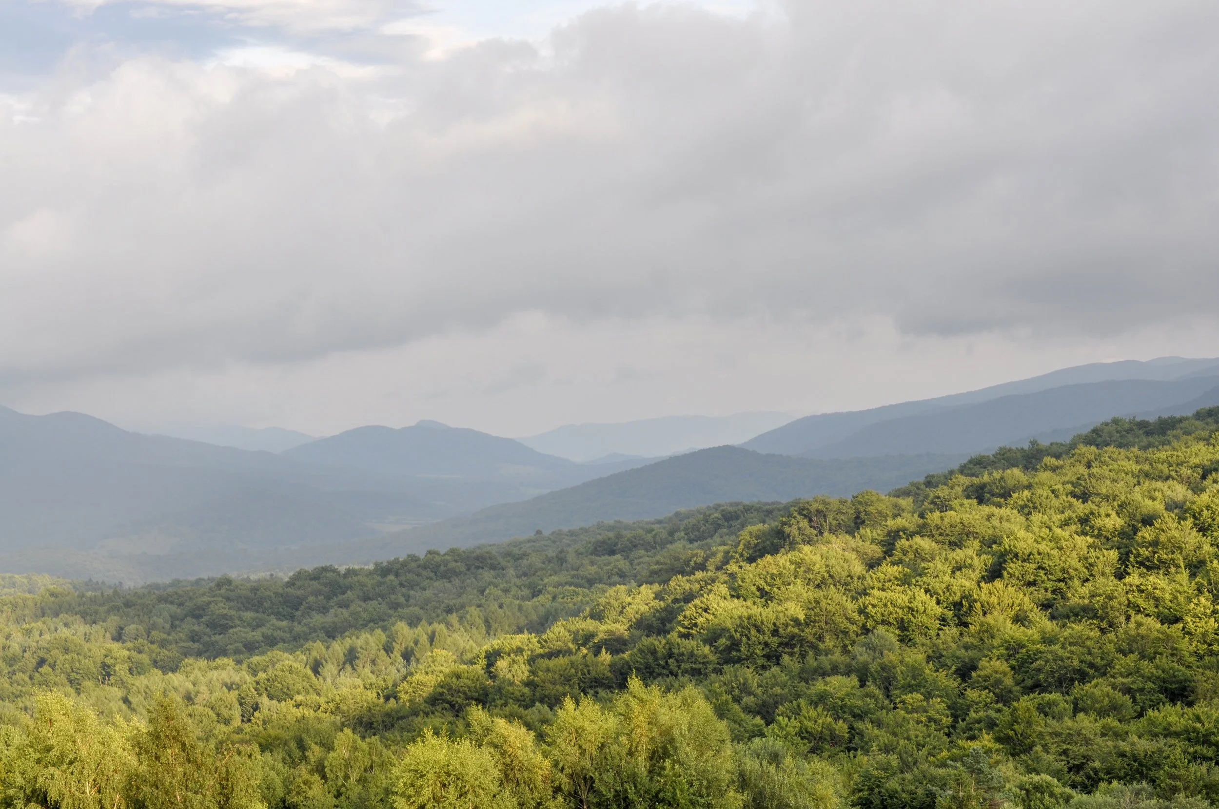 The sun beginning to set across trees and mountain peaks at the end of the Tri-Border hike in the Bieszcady Mountains