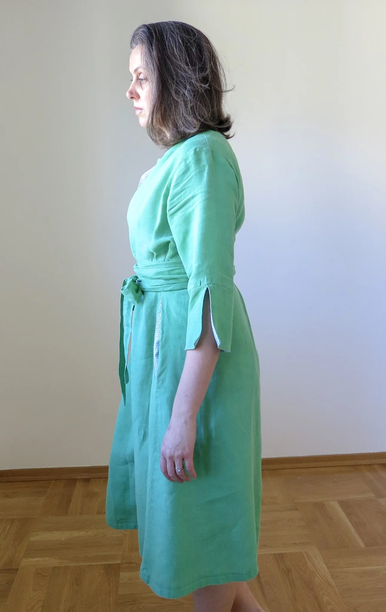 Green linenchoolhouse Tunic Dress hack, side view