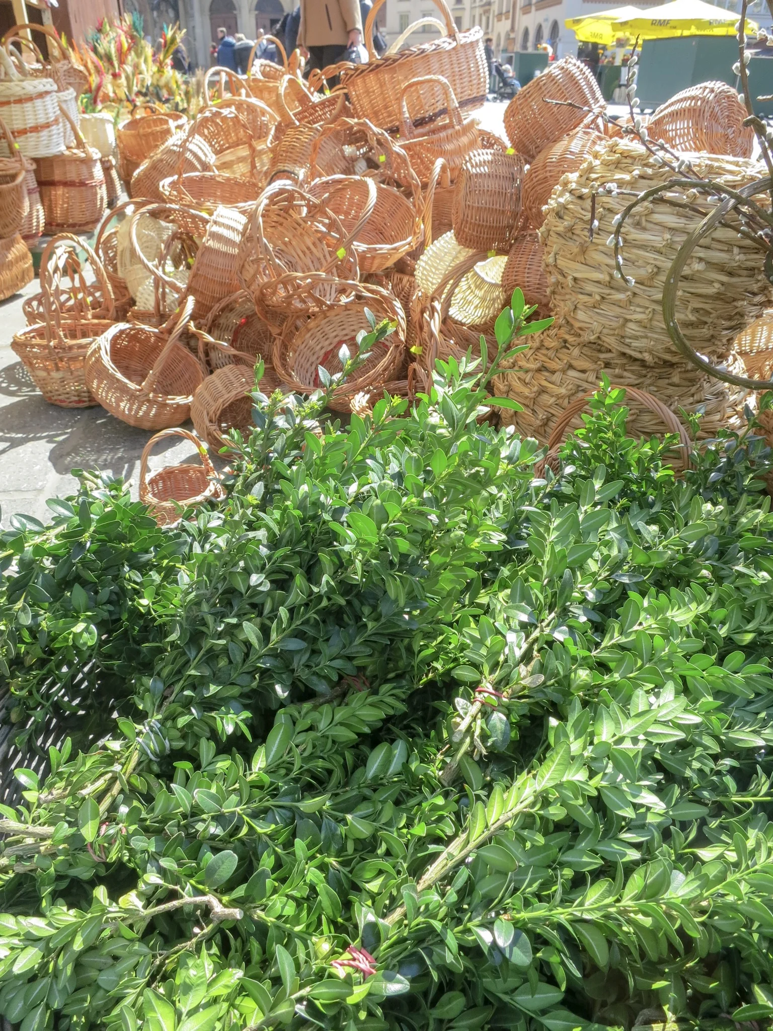 Branches of green leaves and wicker baskets