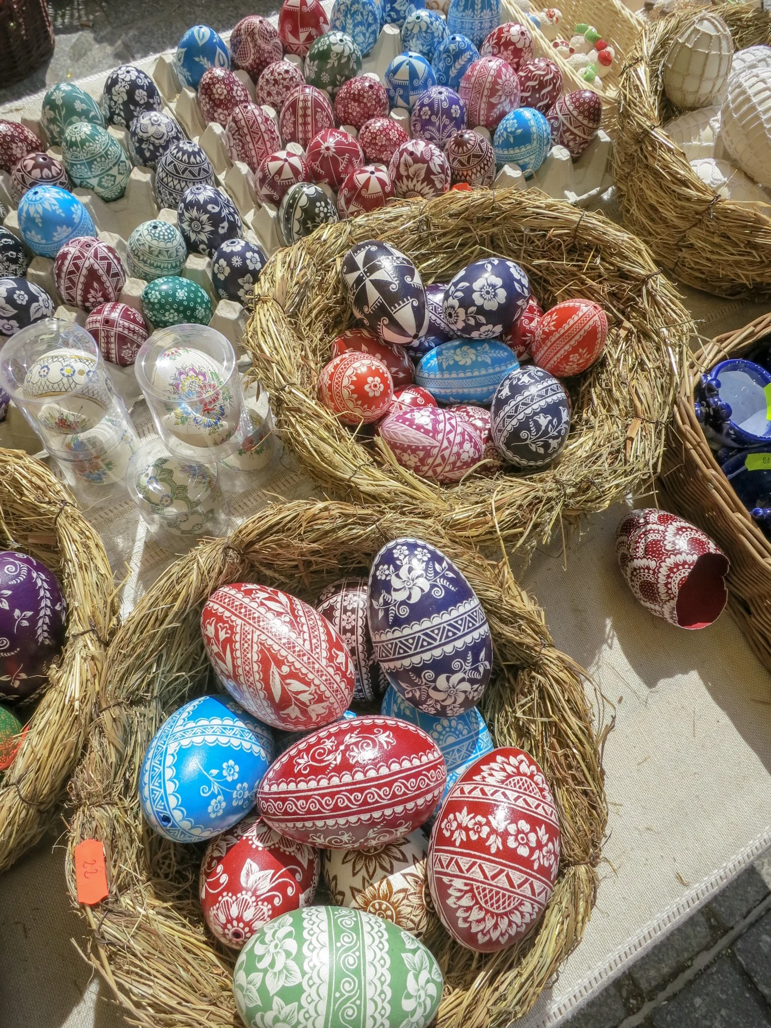 Intricately painted chicken and duck eggs