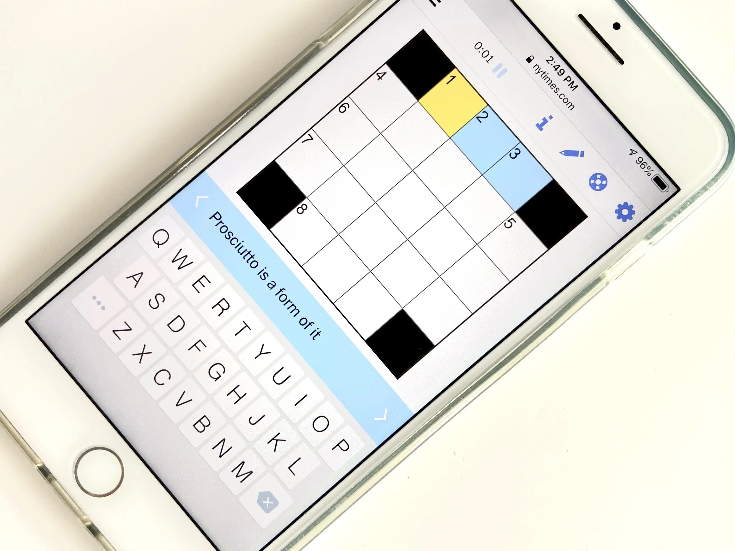 New York Times Crossword displayed on a phone