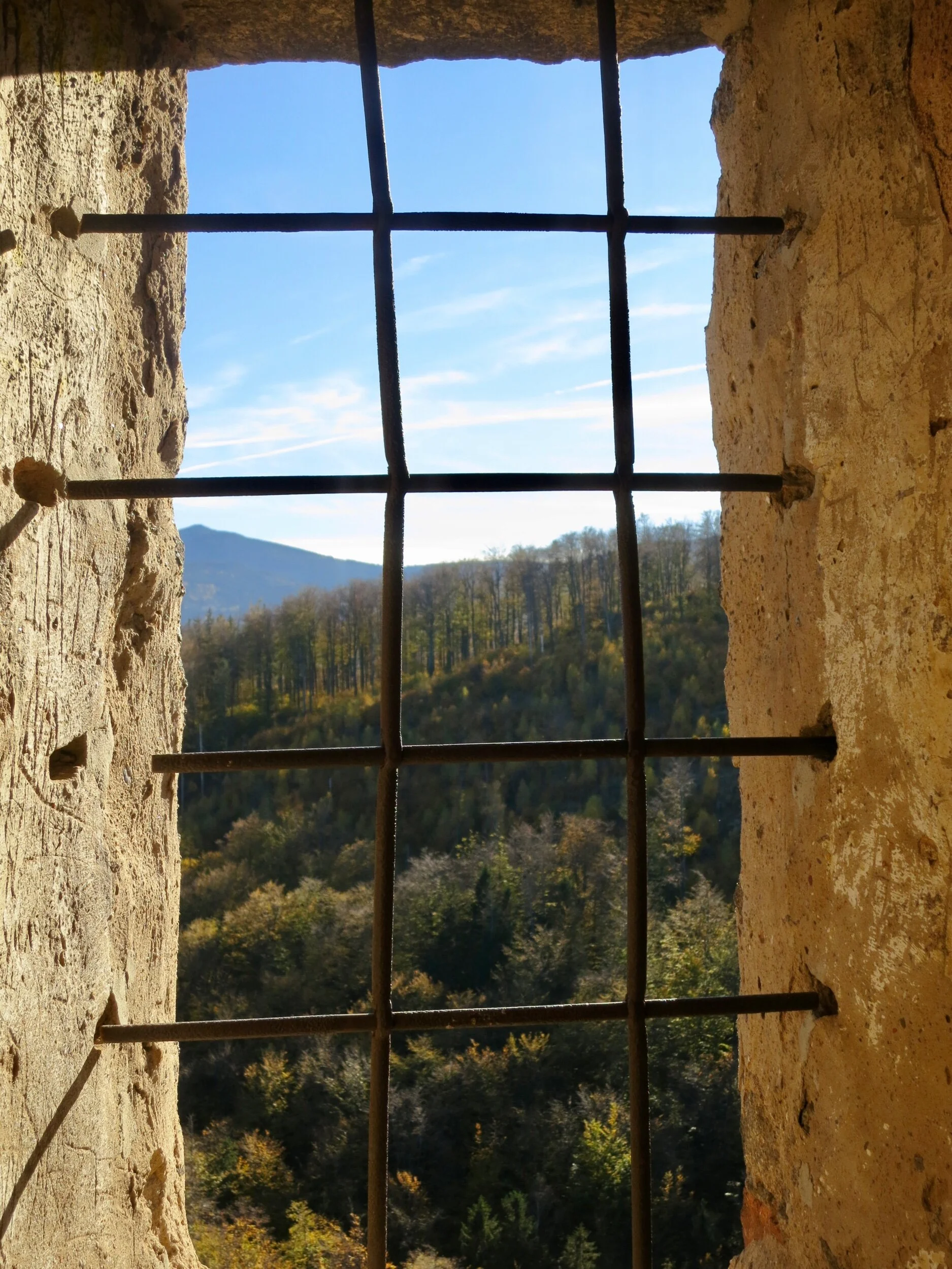View of Karkonosze National Park in Poland from a window in Chojnik Castle