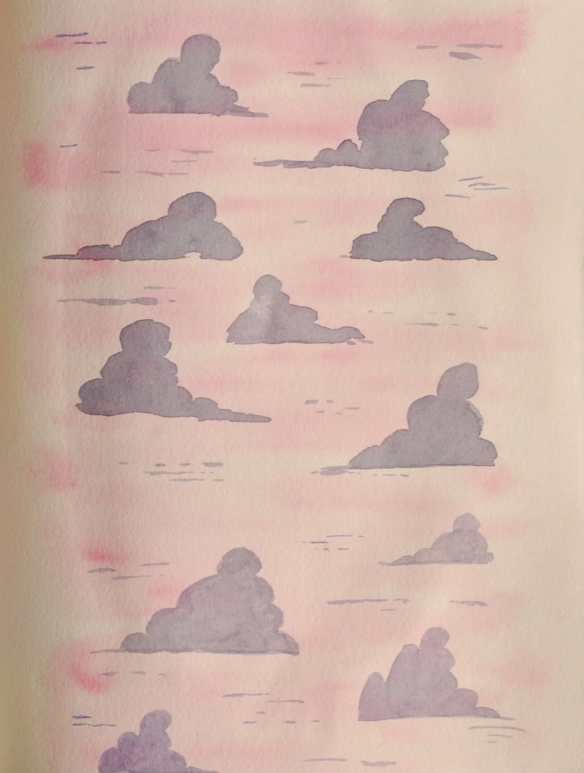Watercolor painting of purple clouds on a pink sky