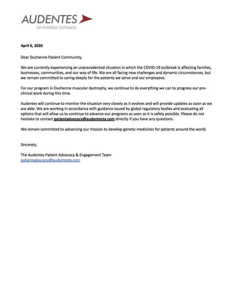 Audentes Letter to DMD Patient Community COVID-19 Update.png