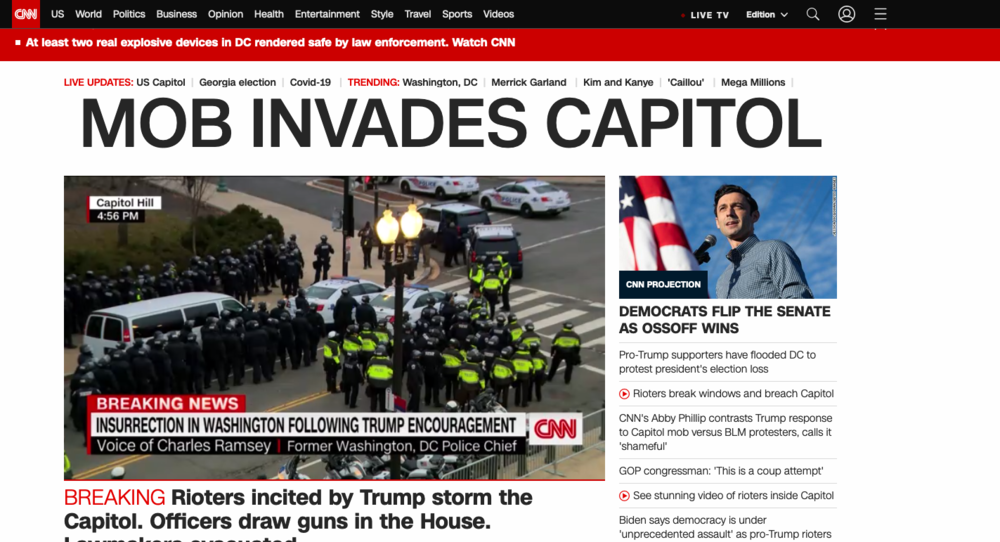 CNN.com, which earlier labeled the angry visitors to DC as “protesters,” has begun calling them a violent mob, and Van Jones — a contributor at CNN — called it “treason.”