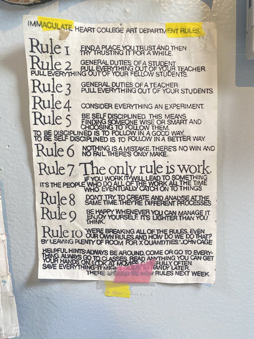 Maya’s “Immaculate Heart College Art Department Rules” from Sister Corita Kent