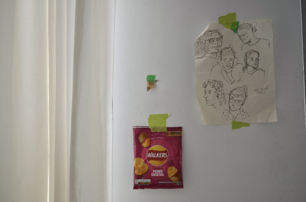Sketches drawn by Béatrice’s friends; the wrapping of her favourite chips in the UK; and a corner of a $100 bill found in the elevator 