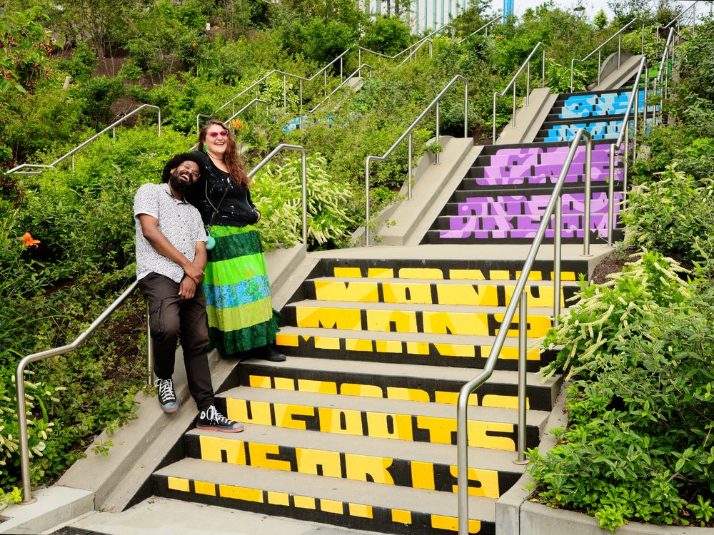  Image crediting: Michael Talbot &amp; Phoebe Warner,  Collective Ascension , 2023. Site-specific mural. Brian P. Murphy Memorial Staircase, Cambridge, MA. Project executed in collaboration with Community Art Center and facilitated by art_works for D
