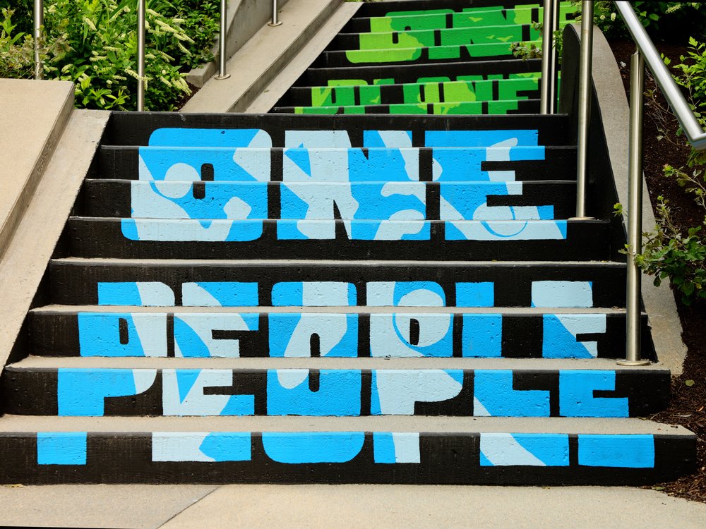  Image crediting: Michael Talbot &amp; Phoebe Warner,  Collective Ascension , 2023. Site-specific mural. Brian P. Murphy Memorial Staircase, Cambridge, MA. Project executed in collaboration with Community Art Center and facilitated by art_works for D