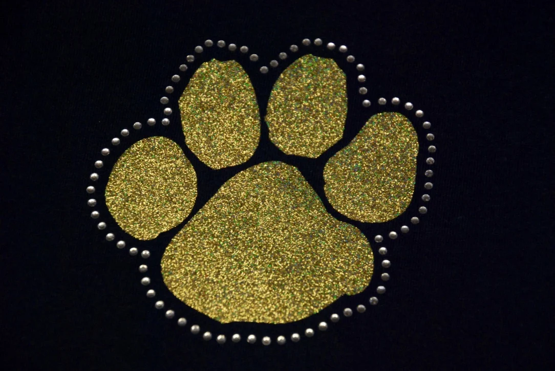 Paw in gold glitter with clear crystal rhinestones