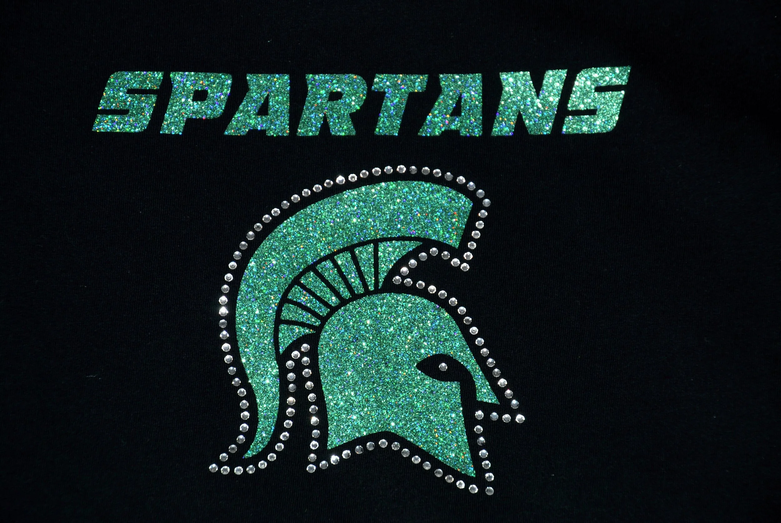 SPARTANS in green glitter and clear crystal rhinestones