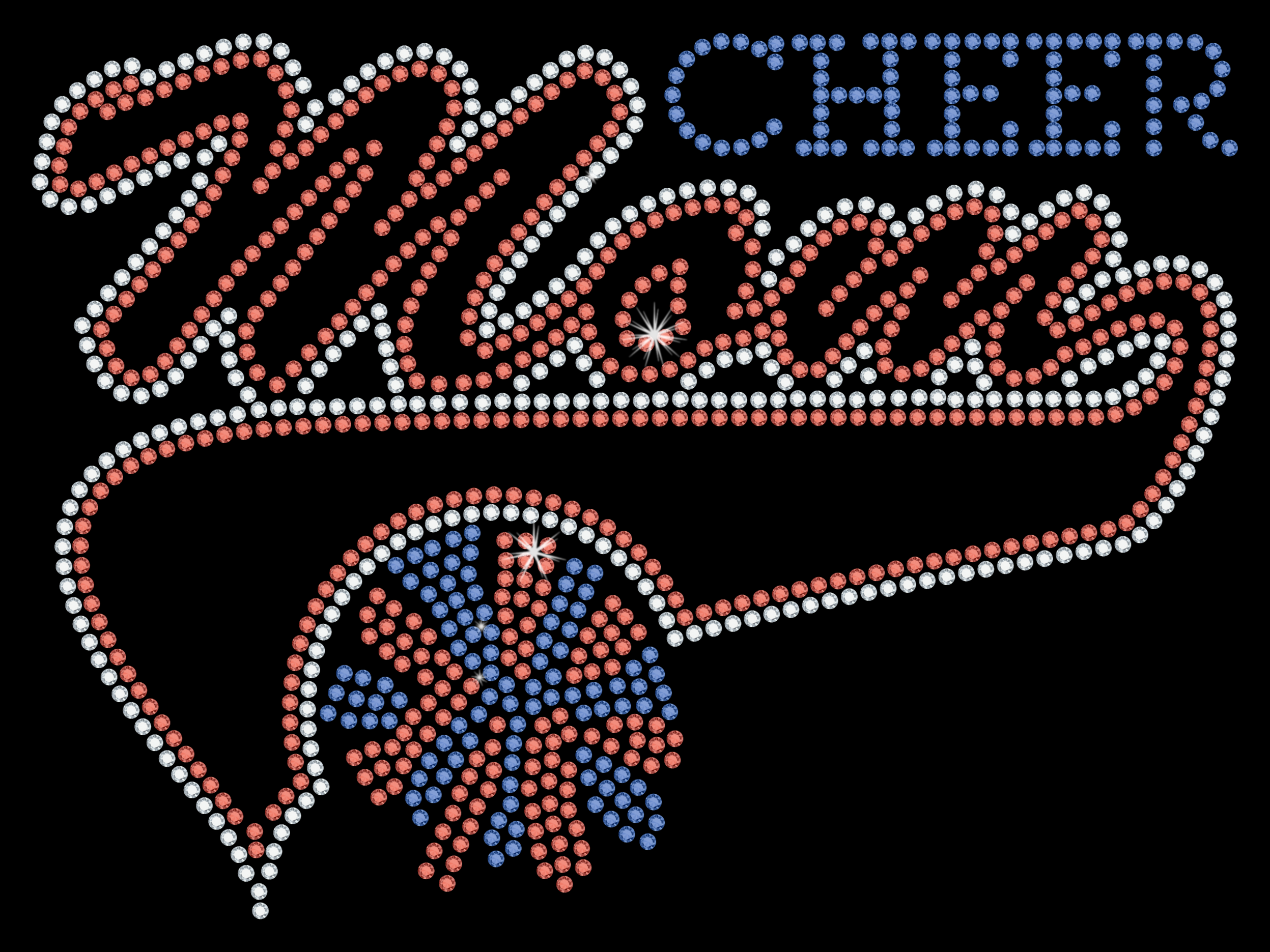 Cheer Mom in clear, red, and blue crystal rhinestones.