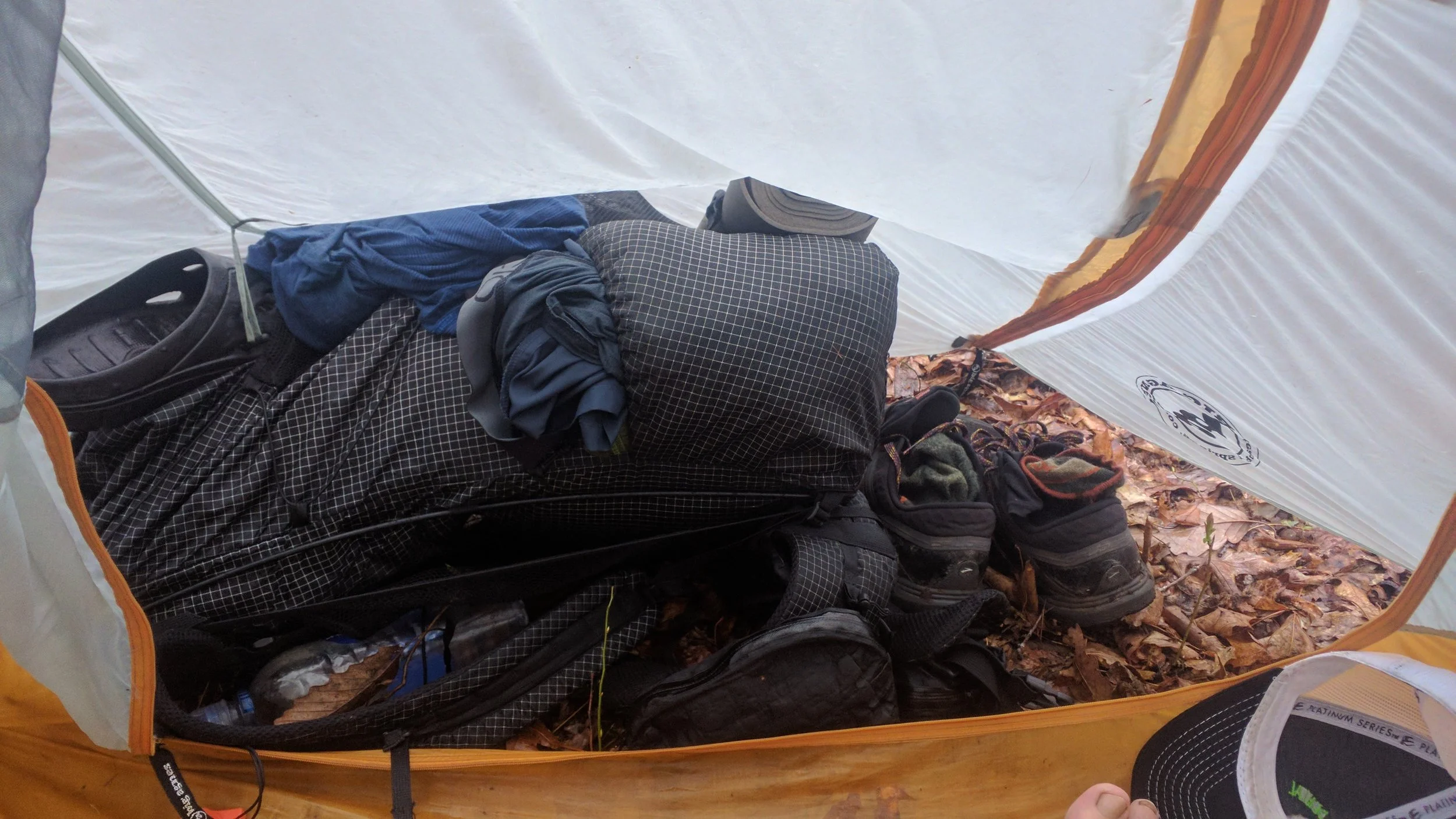 All of my wet gear in my tiny vestibule. 