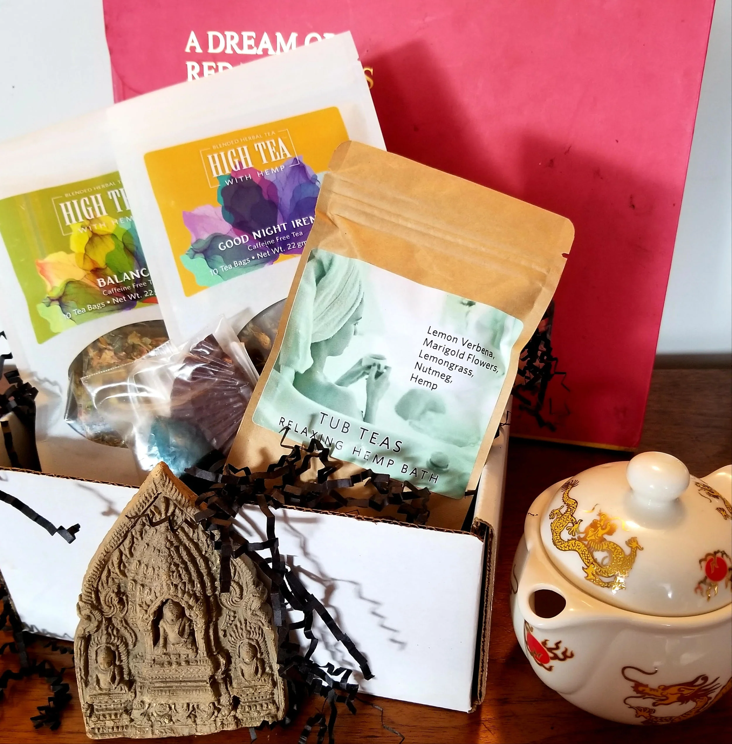 Gift box includes: 10 count Balance, 10 count Good Night Irene, one tub tea, and one truffle with 20mg of CBD. Each bag contains 15 mg of hemp flower CBD. Includes free shipping right to the door of your close one. Maybe for.. Your Son-in-law, Your Mother-in-law, Your Pregnant Daughter, Your Grandmother, Your Nanny, Your Postman, Your Dog Walker, Your Haircutter, Your Acupuncturist, Your Therapist, Your Neighbor, Your Gardener, Your Ex (why not?), Your Neighbor (the one you never talk to), Your Kid's Teachers, Your Internet Date, Your Co-workers, how about your lousy Boss? Price: $60