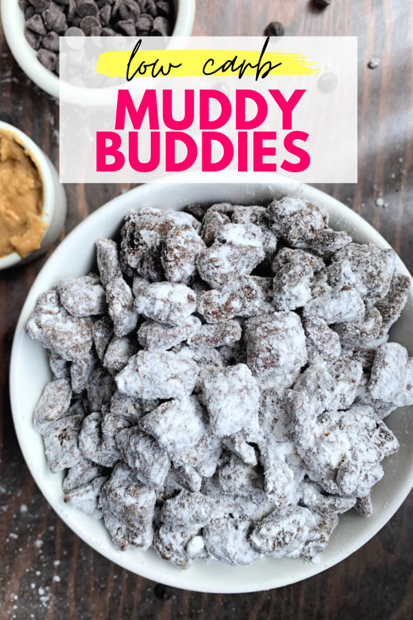 Keto puppy chow muddy buddies made with Catalina Crunch cereal and Lily's dark chocolate chips in a bowl
