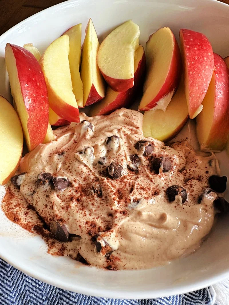 Dairy Free Peanut Butter Chocolate Chip Apple Dip (2 Minutes, No Added Sugar)