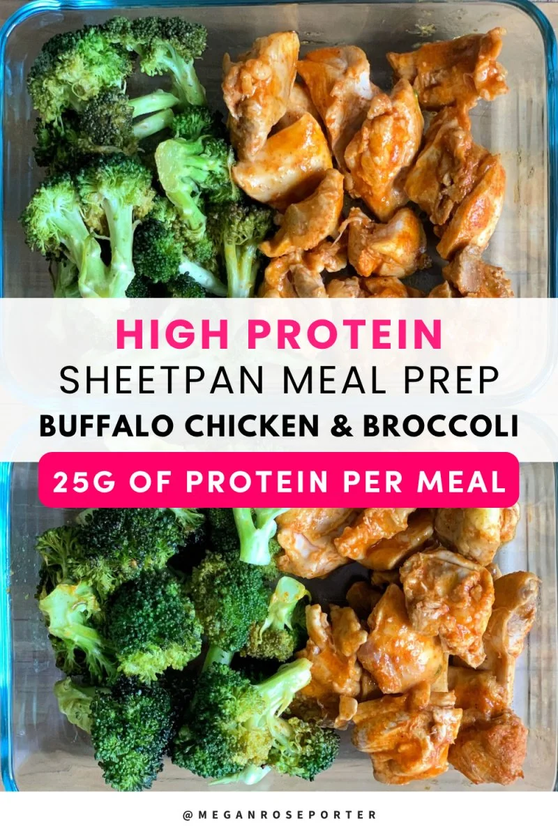 Easy buffalo chicken sheet pan dinner with a sugar free sauce. High protein, low carb, and perfect for meal prep or quick healthy meals.