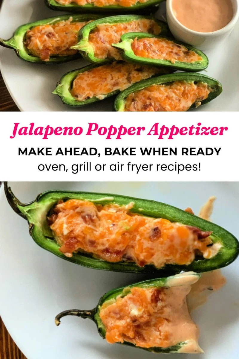 Easy jalapeño poppers with cream cheese cheddar filling and crispy bacon on a white serving plate