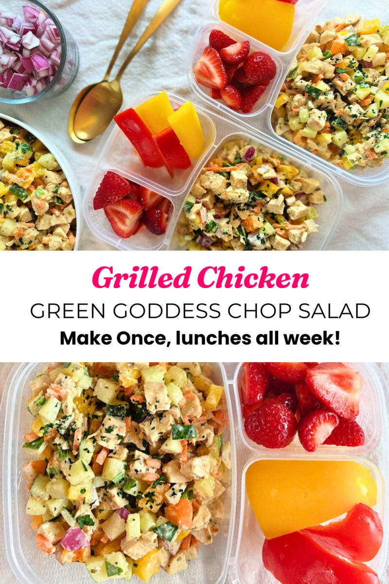 Grilled green goddess chopped chicken salad with cucumber, bell pepper, green onion, red onion, and carrots tossed in Primal Kitchen green goddess dressing